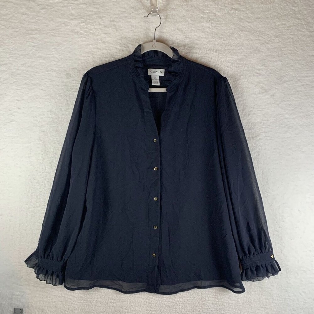 Carmen Marc Valvo Sheer Blouse Womens XLโ Black Ruffle Sleeve Button Front 7761